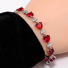 Red Garnet, CZ 925 Sterling Silver Adjustable Bracelet 7-8