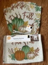 Old East Main Harvest Tapestry Set~4 Placemats & Runner”Hello Fall”MultiPumpkins
