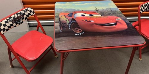 Disney Cars Folding Kids Table & 2 Chairs Set Red Metal Plastic Playroom Square