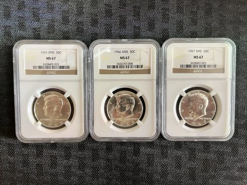 Kennedy Half Dollars 1965-1967 SMS 50c MS67 NGC Set 40% Silver