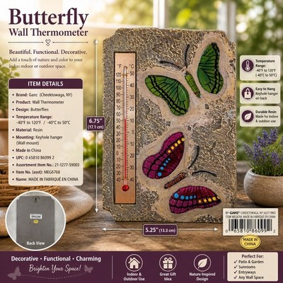 Ganz Butterfly Wall Thermometer Indoor Outdoor Resin Stone Finish Decor EG8768