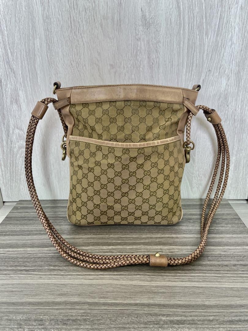 Vintage Gucci GG Canvas Leather Crossbody Bag Beige 12x13x4 Pre-Owned
