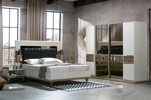 Schlafzimmer Set Bett 2X Nachttische Textil Kleiderschrank Modern 4Tlg.-image