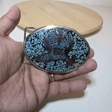 Vintage Freemason Shriners Oval Shaped Silver Tone Turquoise Inlay Belt Buckle