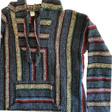 Striped Baja Hoodie Pullover Blue Multi Colors Mexican Jerga Surf Poncho, L