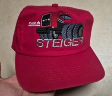 VTG 90s Steiger Solid Farmer Hat K Products Brand Cap USA Assembled Red Trucker 