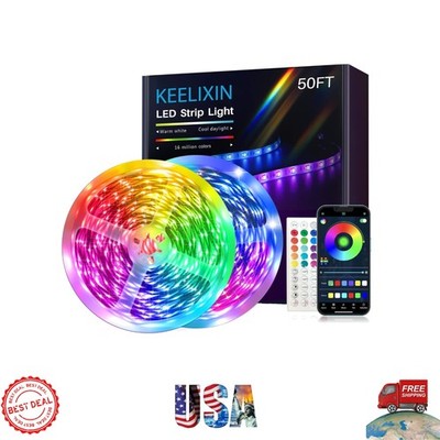 Multicolor 50ft LED Strip Lights - App & Remote Control, Music Sync Feature