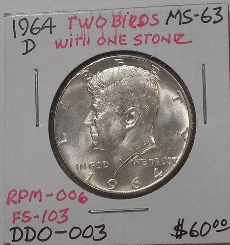 1964 D UNC Kennedy Half DOLLAR - 90% SILVER * DDO-003