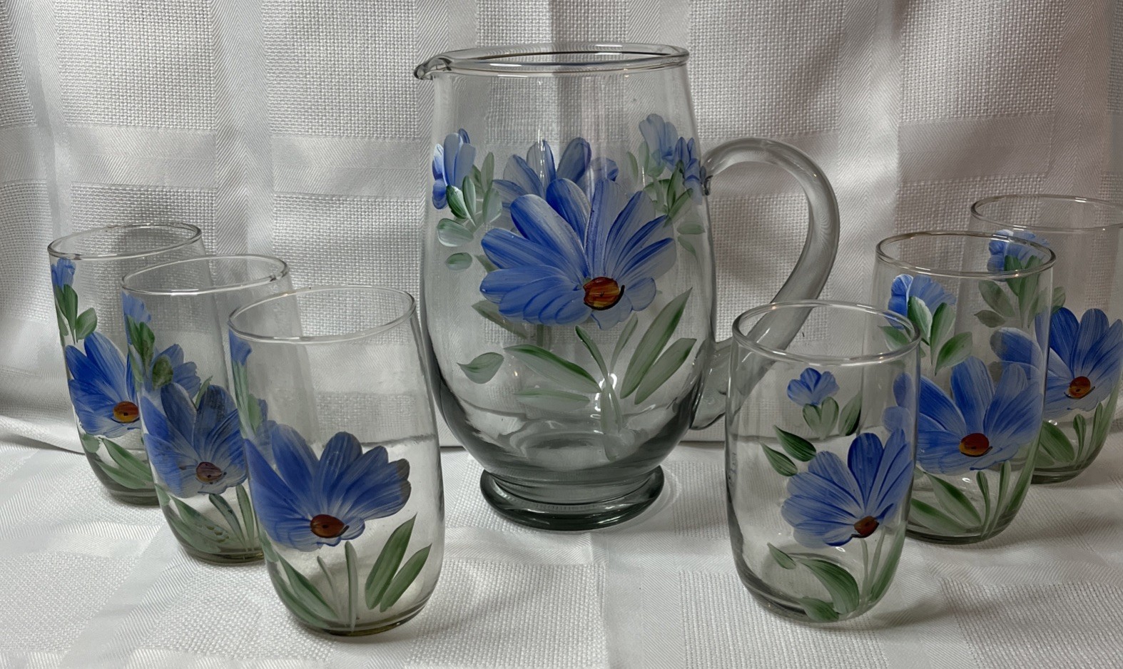 Set of 6 Hand Painted  Pitcher and Drinking Glasses Vintage