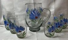 Set of 6 Hand Painted  Pitcher and Drinking Glasses Vintage