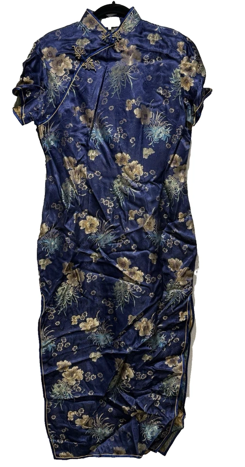 Vestido De Colección Azul Floral Satinado Cheongsam Moveble Talla 42, Tradicional Chino Qipao Foto 2 de 4
