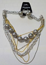 New Silver Tone Gold Tone 19" Necklace Pierced Earrings Set