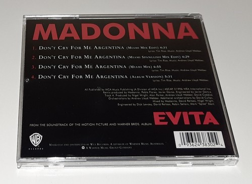 MADONNA DON'T CRY FOR ME ARGENTINA LIMITED EDITION 1996 AUSTRALIA CD SINGLE (k) - Picture 2 of 2