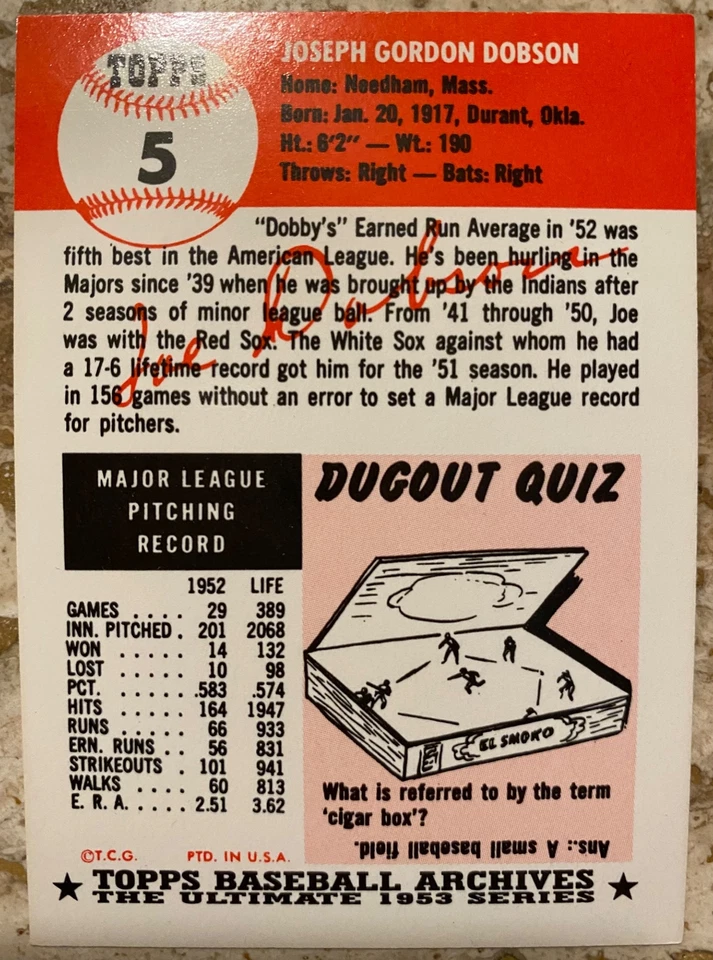 1953 Topps Baseball Archives Joe Dobson Card Chicago White Sox Pitcher - Image 2 of 2