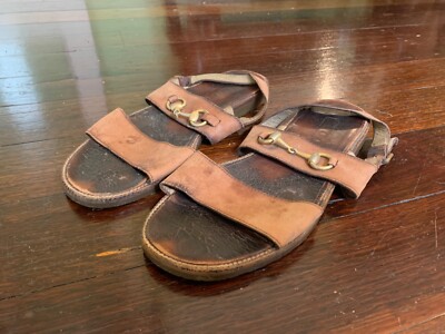 Vintage Gucci Sandals Brown Leather Gold Buckle Australia