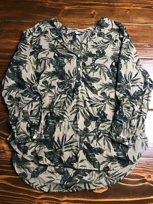 Old Navy Shirt Women's Size Large Green 3/4 Sleeve Leaves Floral Tropical