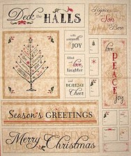 34" Fabric Panel - Timeless Treasures Christmas Tree Gift Tag Wallhanging Cream