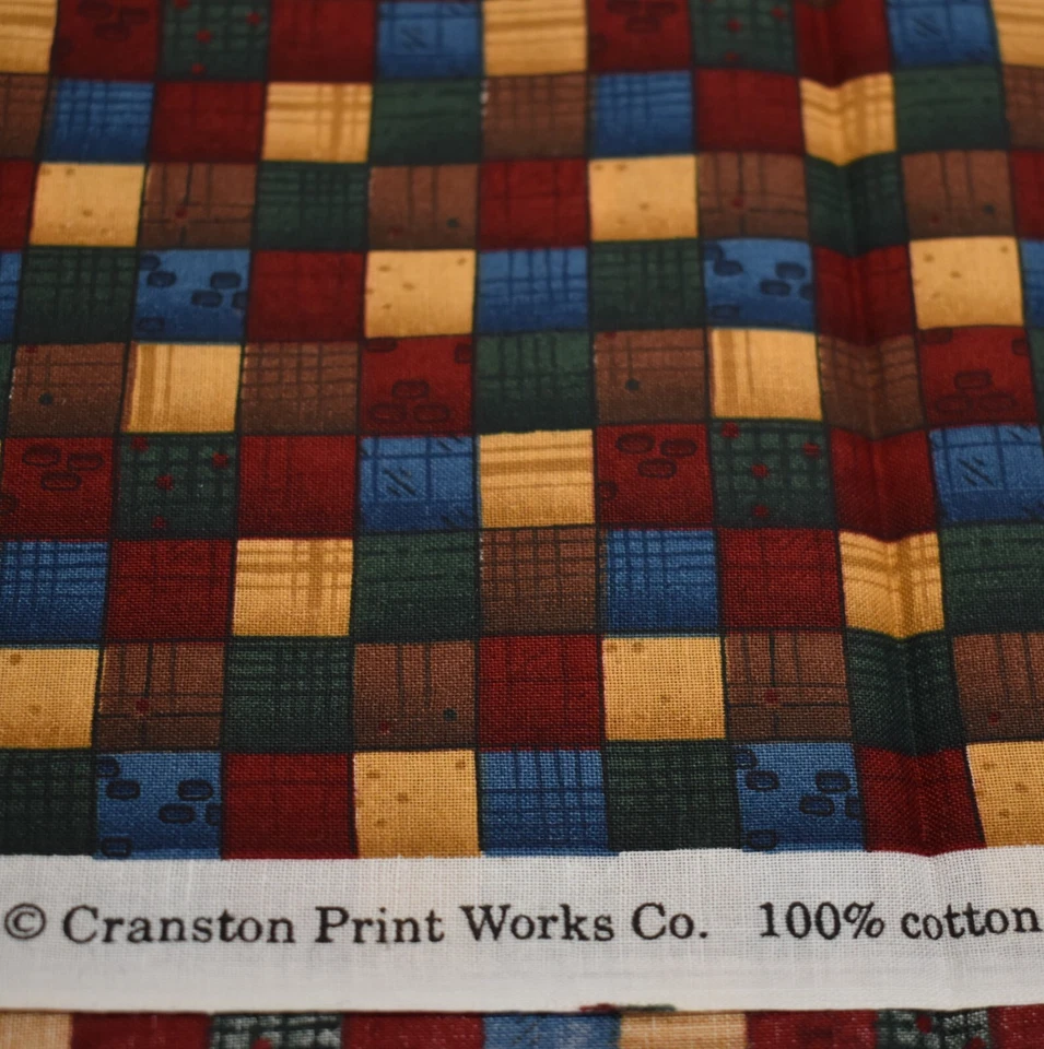 35" x 44" cotton fabric CRANSTON  brown tan dark red blue green SQUARES - Image 4 of 4