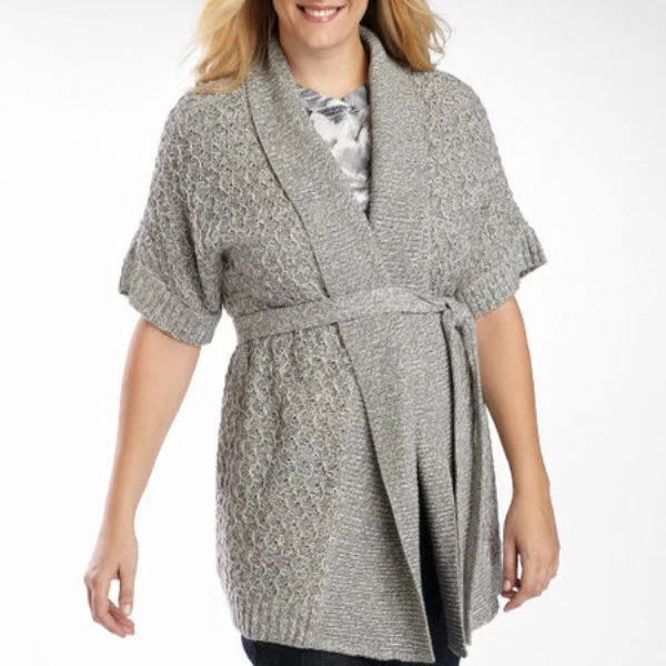 St. John s Bay Plus Size Lt. Gray Marl Belted Cardigan Sweater