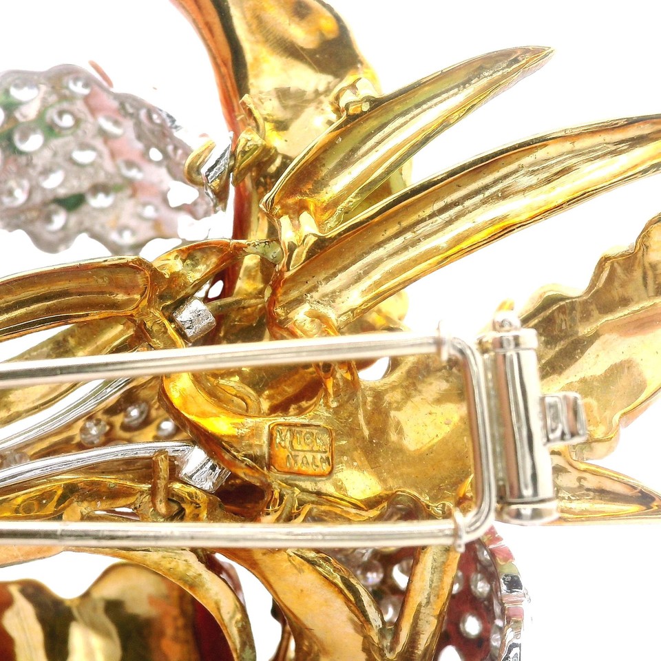 Vintage Italian 18k Gold 5ctw Diamond Enamel Textured Large Flower Pin