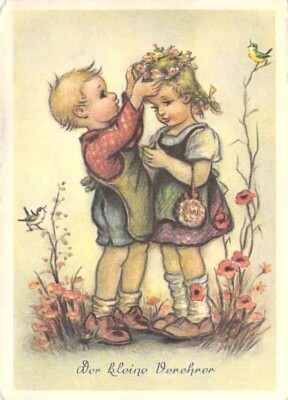 Children's Postcard ''The Little Admirer'' Little Boy Girl Artist around 1950