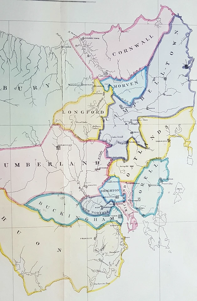Mapa antiguo raro de John Arrowsmith de 1852 de los primeros distritos electorales de Tasmania Foto 2 de 2