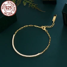 2mm Adjustable Genuine 100% 925 Sterling Silver Cubic Zircon Chain Link Bracelet