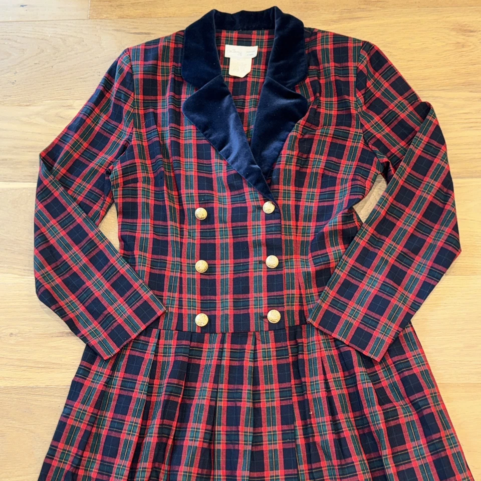Vintage Lanz Plaid Tartan Dress Velvet Trim Equestrian Gold Buttons Sz 12 - Image 2 of 4