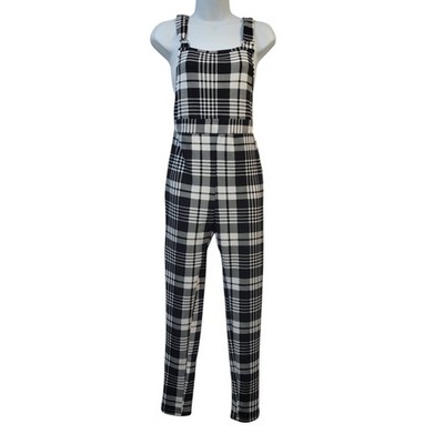 Markenlose Latzhose schwarz & weiß kariert Baumwolle Skinny UK Damen 8 W26 L30