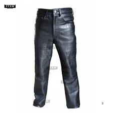Men’s Crocodile Embossed Genuine Leather MotorCycle Pants -Men Leather Trouser