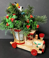 Vintage - Wood Train w/ Santa Claus - Mistletoe Greenery Arrangement Centerpiece