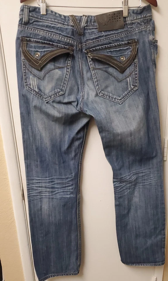 Pantalones de mezclilla Indigo Star para hombre 34x30 desgastados pierna recta lavado medio  Foto 2 de 4