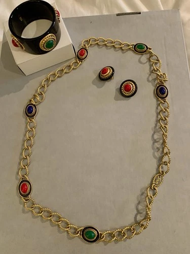 YSL Vintage Costume Jewelry Set Necklace Bracelet Earrings Clip On Gold Tone