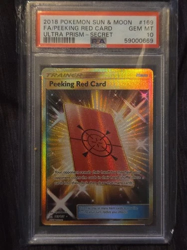 2018 POKEMON SUN & MOON ULTRA PRISM SECRET #169 FULL ART/PEEKING RED CARD PSA 10