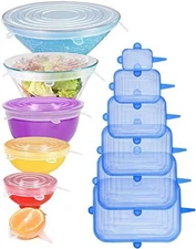 [12Pack]  Silicone Stretch Lids 6 Clear round 6 Blue Rectangle, Magic Lids Reusa
