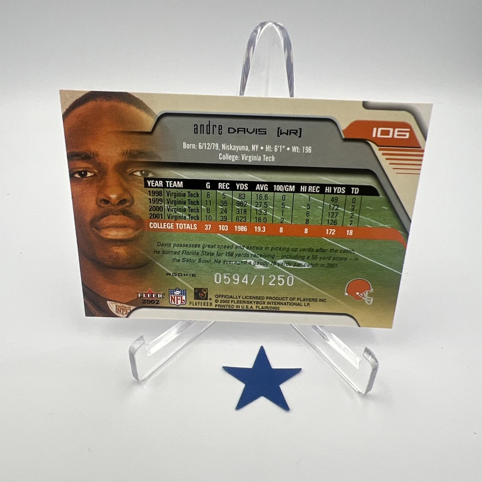 2002 Flair Football Card #106 Andre Davis Rookies 594/1250 - Image 4 of 4