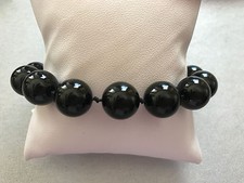 GENUINE 14K WHITE GOLD 8" BLACK ONYX BRACELET BEADED STRAND 12MM