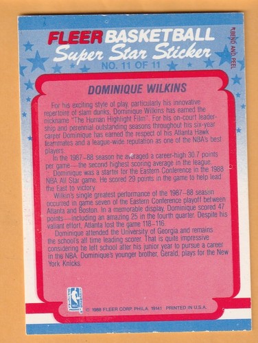 Adesivi Fleer Dominique Wilkins Atlanta Hawks 1988-89 #11 Georgia Bulldogs 11Q - Foto 2 di 2