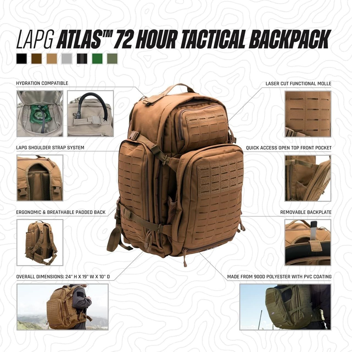 LAPG Atlas 72 Hour Tactical Backpack for Men Women, Large Bug