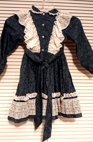 Vintage Mini World Girls Dress Blue Floral Ruffle Lace Sz 6 Cottagecore Prairie - Picture 7 of 13