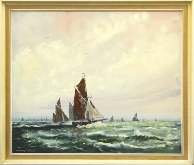 Acryl auf Karton von Clifford John. Unter dem Titel ''The Yarmouth Fishing Fleet''