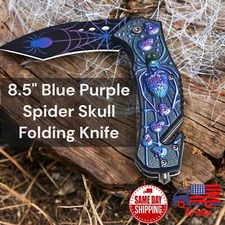 8.5" Military Tactical Blue Purple Skull Spider Assisted Folding Pocket Knife