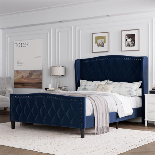 ✅Queen Bed Frame Velvet Upholstered Platform Bed with Wing Side Headboard Wooden