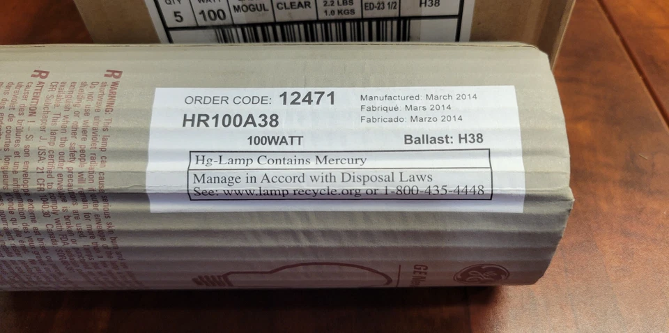 5 Pack GE 12471 R-Mercury HR100A38 Lamps HID 100W E39 Mogul Base H38 Ballast - Image 3 of 4