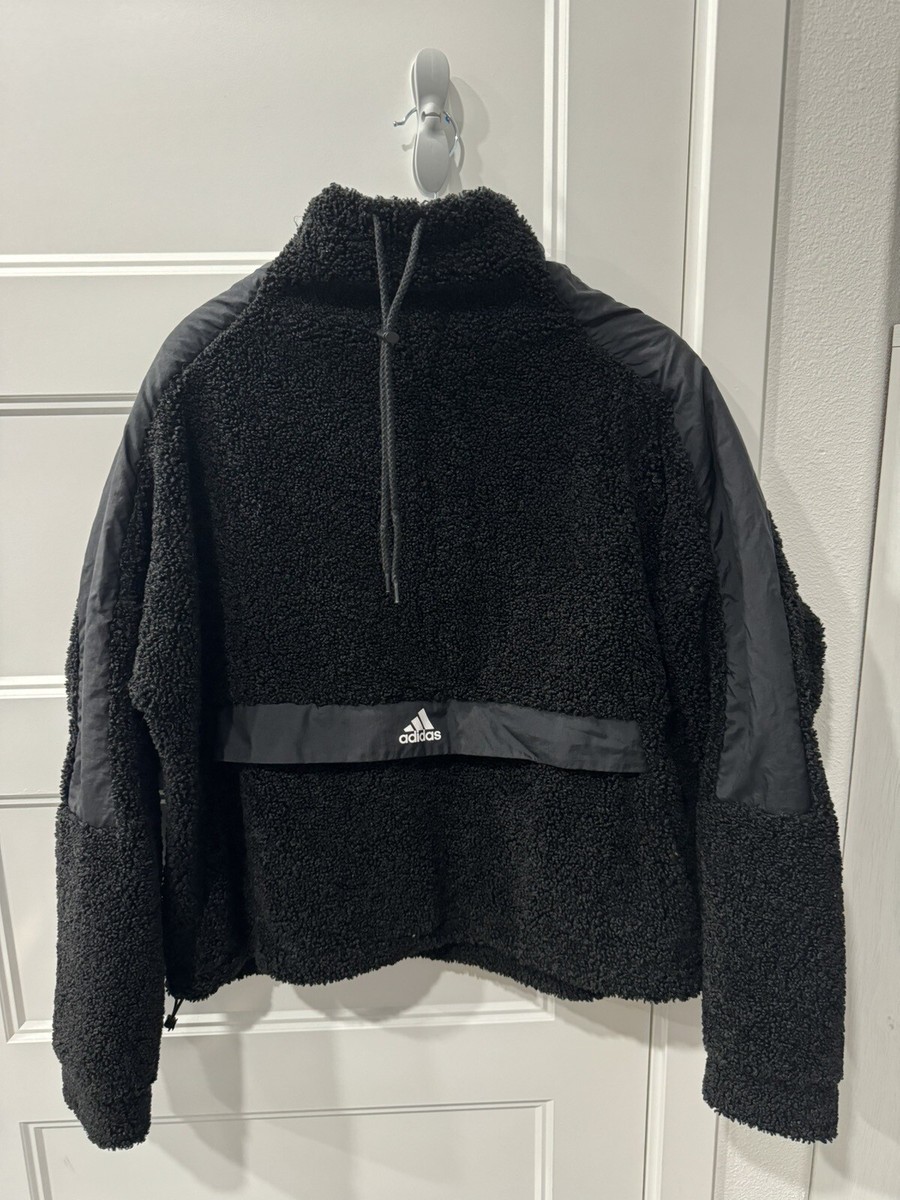 Adidas Turtleneck Pullover Center Logo Black Fuzzy Fleece Size L