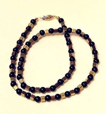6.0 mm BLACK ONYX & Gold Cube Necklace  18''        Elegant 14K GOLD Safety Clasp