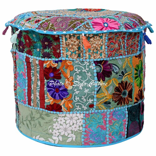 18" Vintage Patchwork Pouf Cover Ottoman Ethnic Decor Indian Pouffe Footstool - Picture 9 of 28