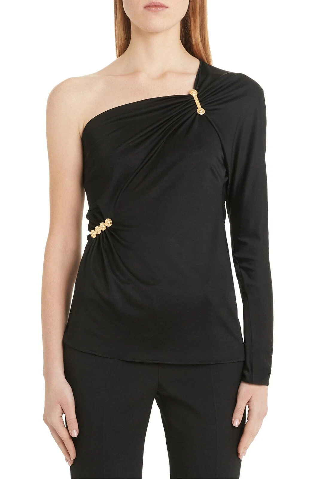 Versace — VERSACE Black Gold Medusa Logo Safety Pin One Shoulder Silky Jersey Top 6 = S 42