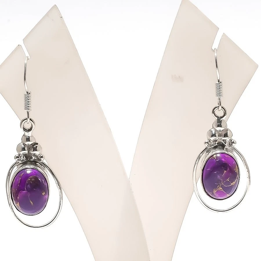 Natural Copper Turquoise Gemstone Handmade 925 Starling Silver Earring Size 1.8" - Image 1 of 1