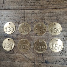 Eight Brass Metal Tags Numbered 1.5" Keychain Industrial Lot Round